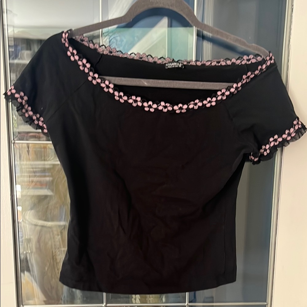 Cosabella Black top with Pink Floral Trim